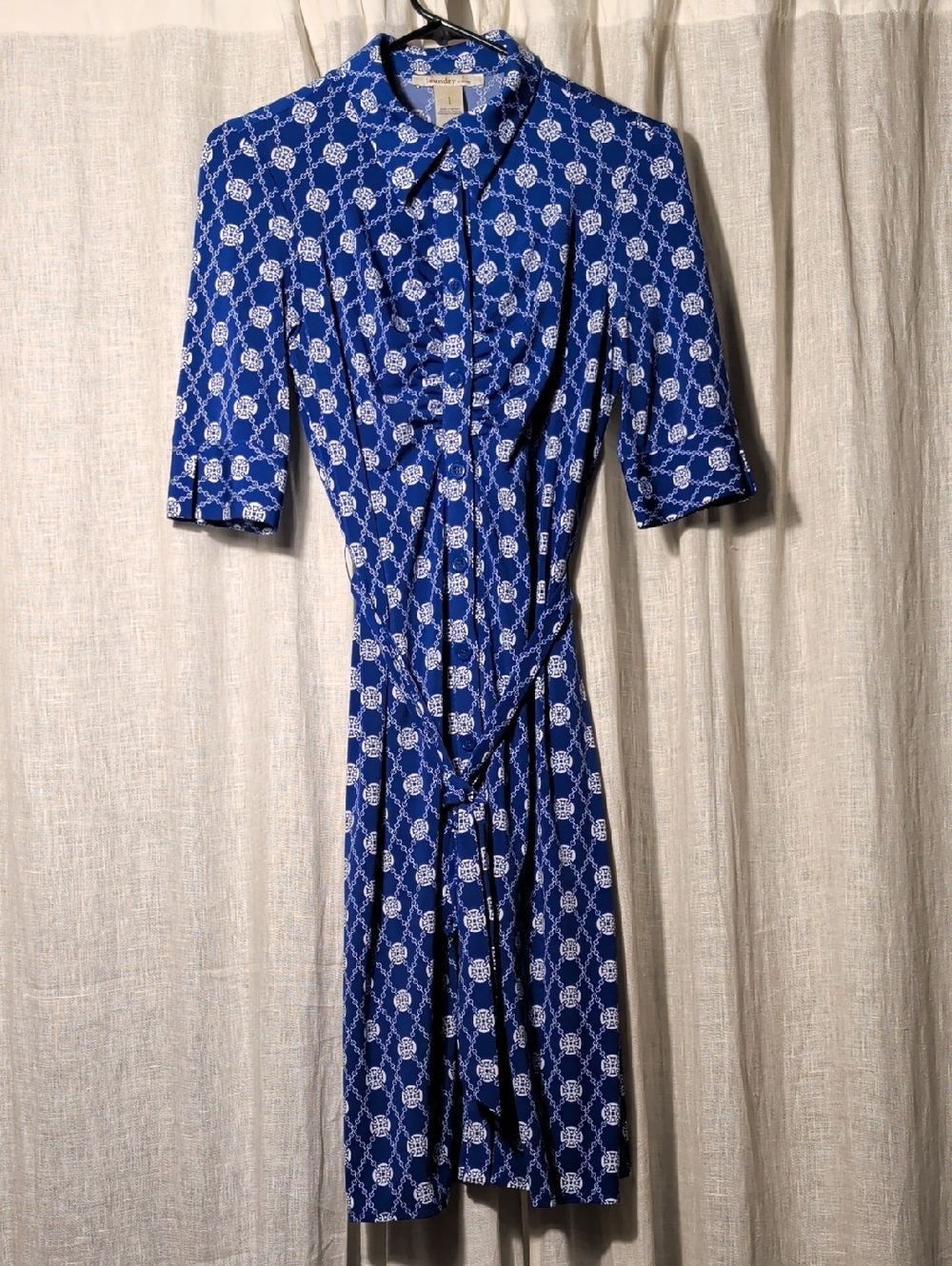 Laundry by Design Royal Blue and White Floral-Chain Midi Shirt Dress